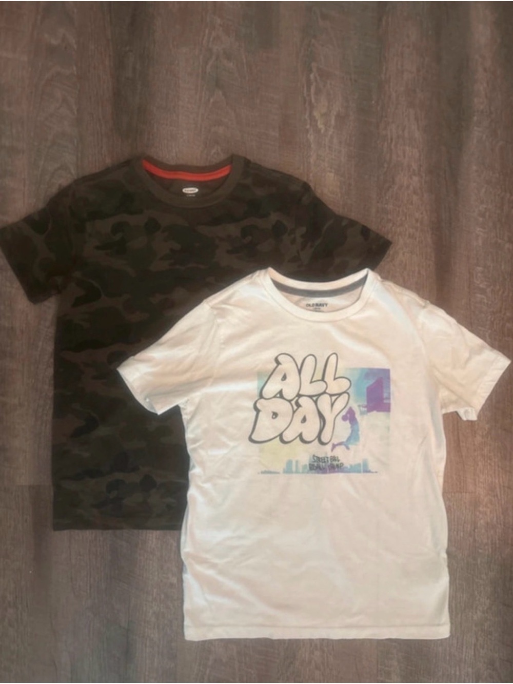 Old Navy White Graphic 'All Day' Tee & Green Camo Short Sleeve Set